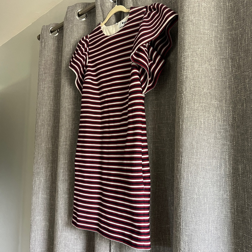 MSGM Milan red white & blue striped dress with ruffle short sleeves & pockets - Picture 2 of 16